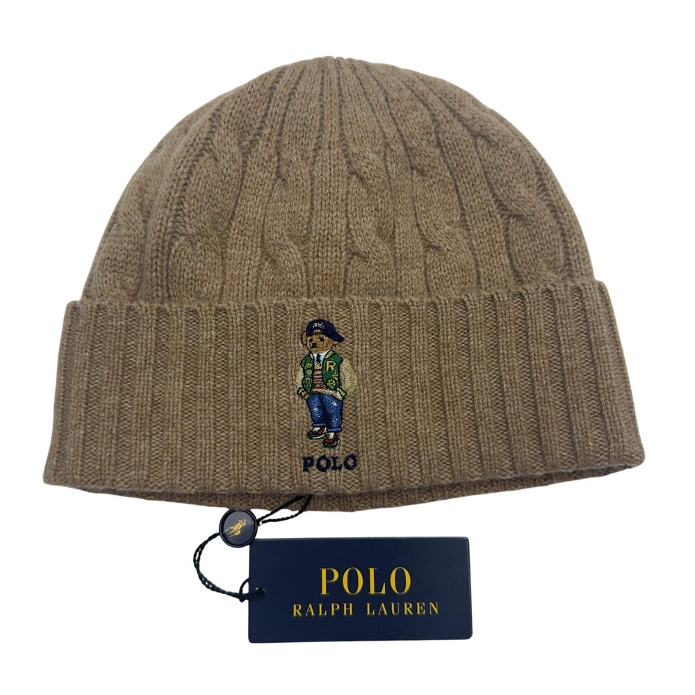 Polo Ralph Lauren Polo Bear Beanie Mens Wool Cable Knit Light Brown Logo Hat